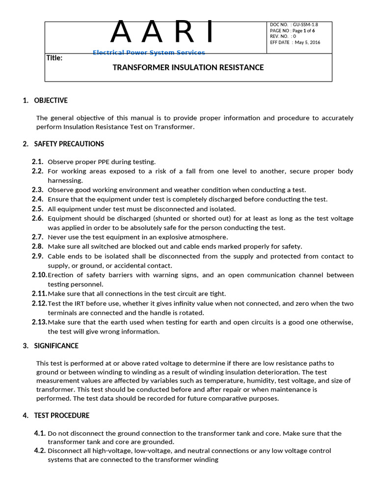 Transformer Insulation Resistance Testing Guide | PDF | Transformer ...