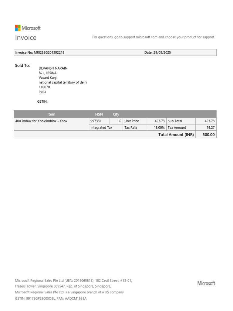 Microsoft Invoice for 400 Robux Purchase | PDF