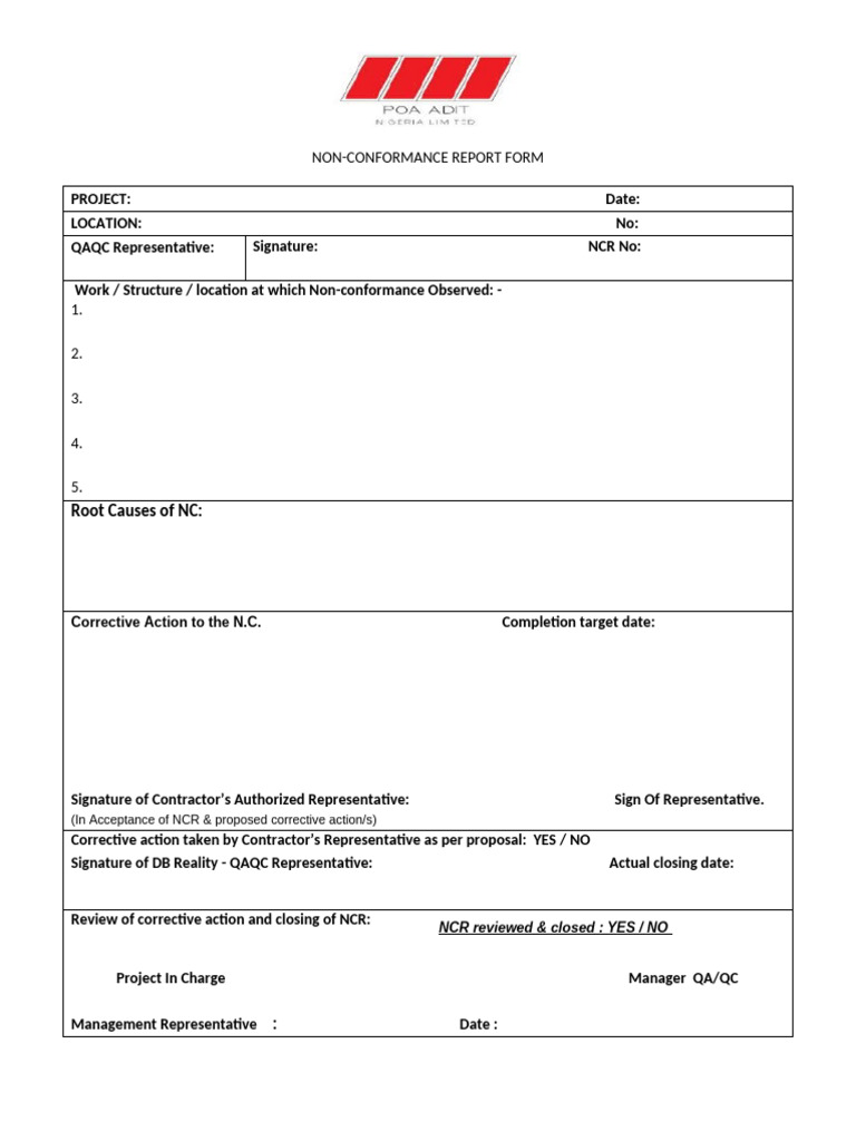 Non-Conformance Report Template | PDF
