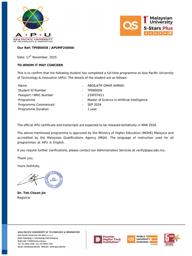 APU Confirmation of Student Completion | PDF