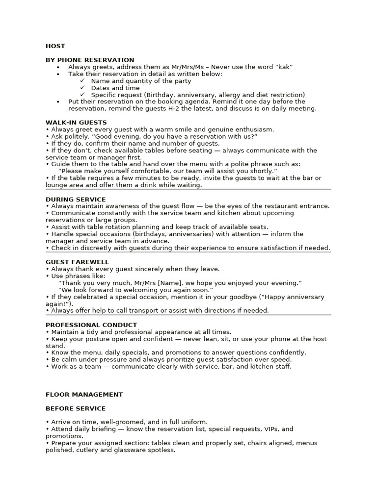 SOP Host and Floor | PDF | Menu | Tableware