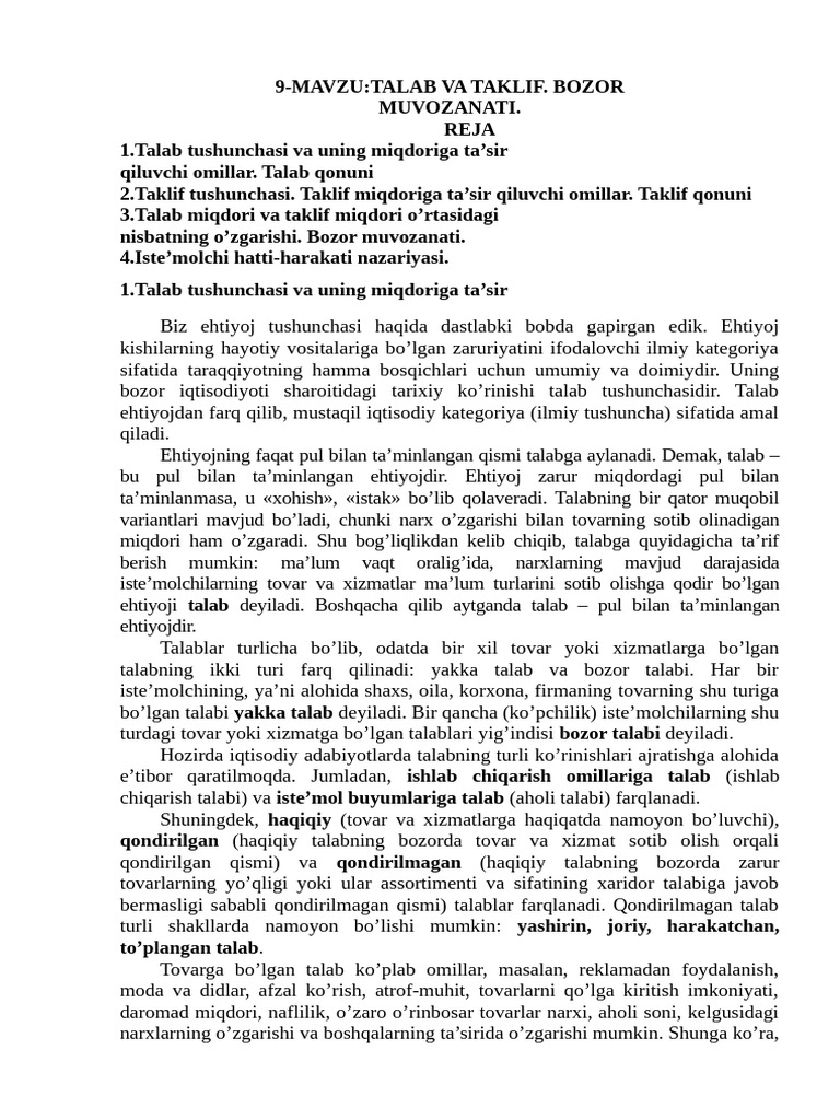 9-Mavzu Talab Va Taklif - Bozor Muvozanati | PDF