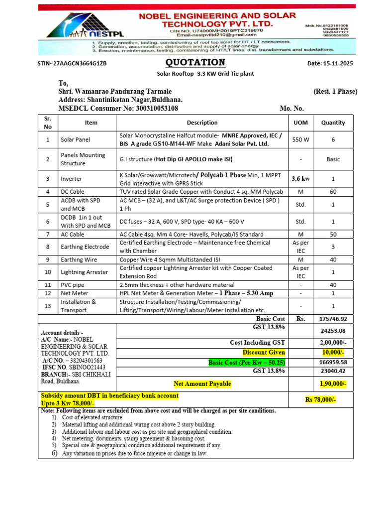 Solar Rooftop Quotation for 3.3 KW System | PDF | Return On Investment ...