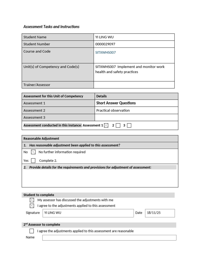 WHS Assessment Tasks for SITXWHS007 | PDF | Occupational Safety And ...
