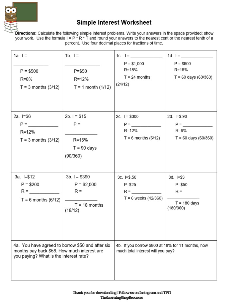Simple Interest Worksheet for Students | PDF | Interest | Mathematics