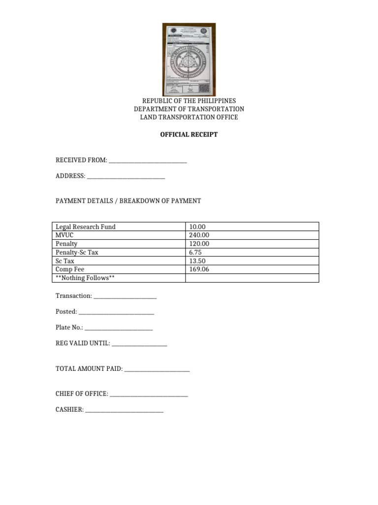 Official Receipt for Vehicle Payment | PDF