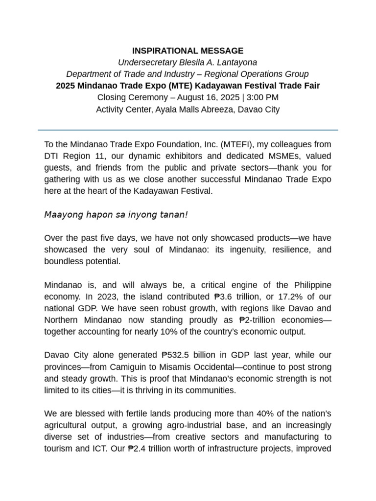 UBAL Inspirational Message - 2025 Mindanao Trade Expo | PDF | Mindanao ...