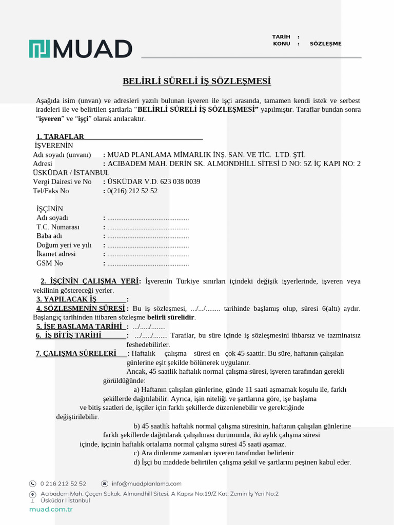 MUAD Belirli Süreli İş Sözleşmesi | PDF