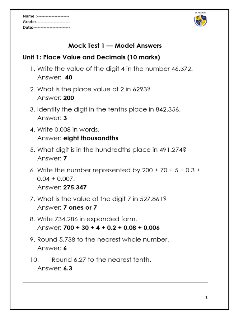 Math Mock Test 1 October Model Answer | PDF