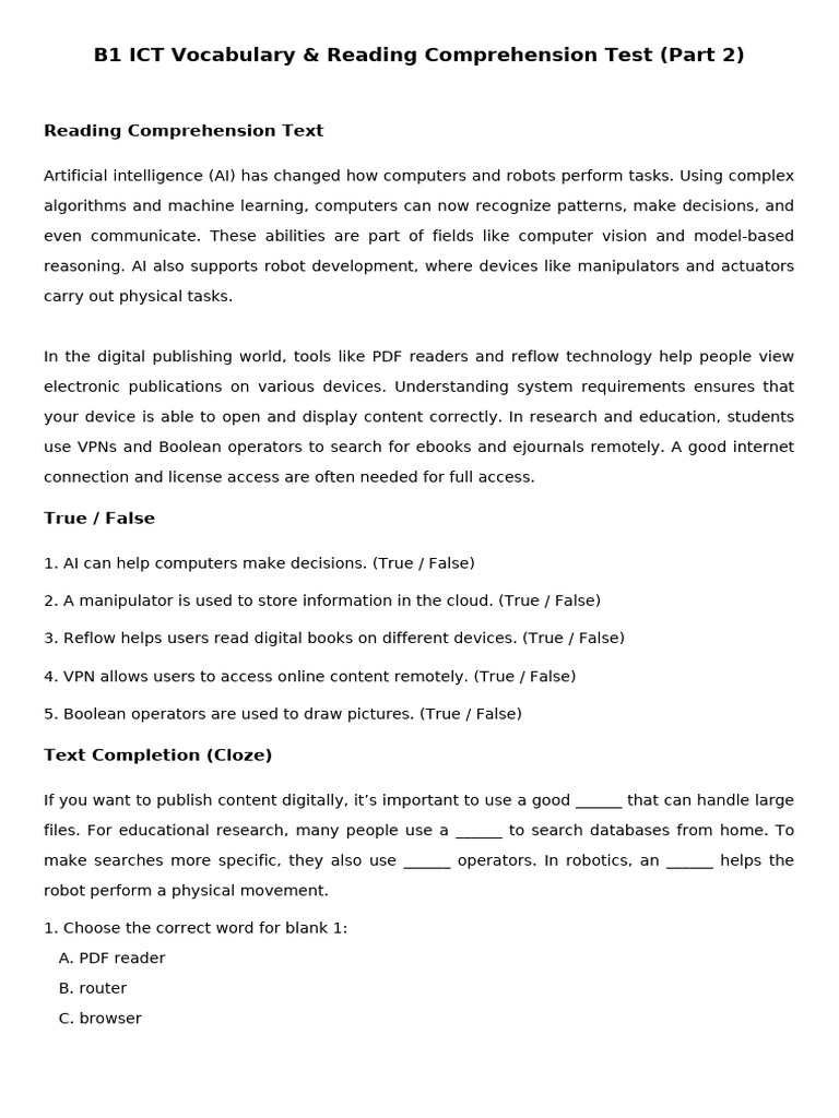 B1 ICT Vocab Reading Advanced Test Part2 | PDF | Artificial ...