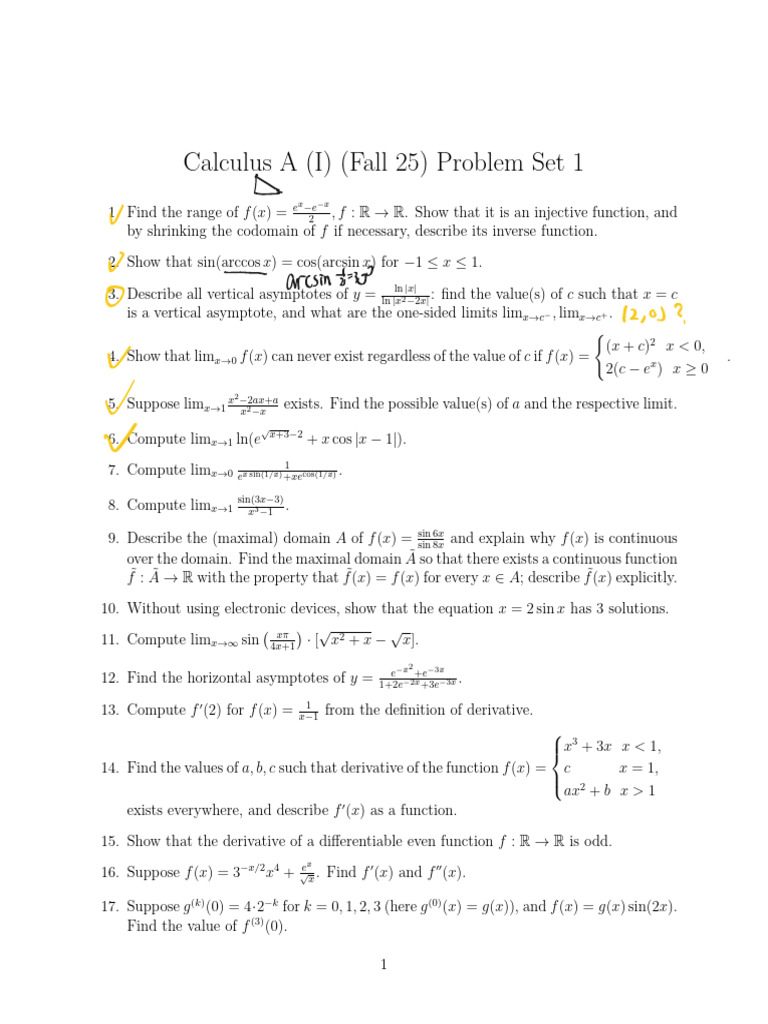 Calculus A Fall 2025 Problem Set 1 | PDF | Trigonometric Functions ...