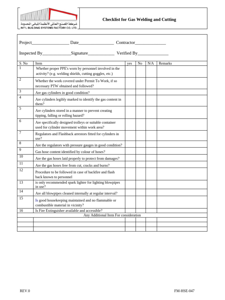 FM-HSE-047 REV.0 29-01-20 Checklist For Gas and Welding Cutting | PDF