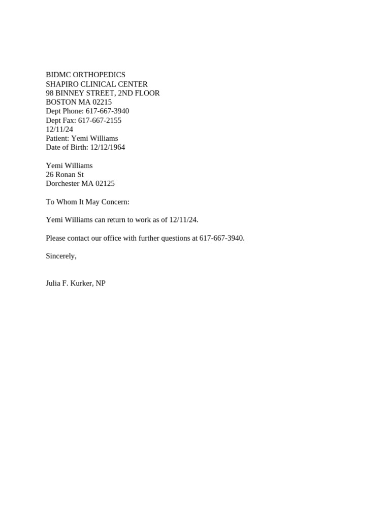 Yemi Williams Work Clearance Letter | PDF