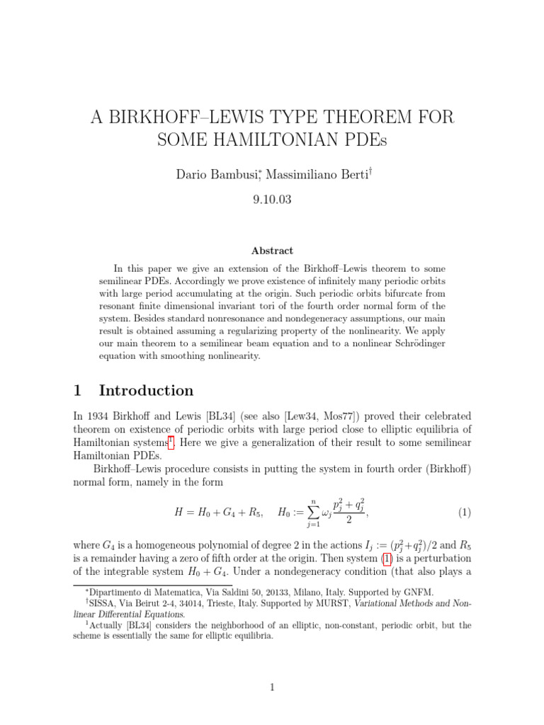 Birkhoff-Lewis Theorem for Hamiltonian PDEs | PDF | Partial ...