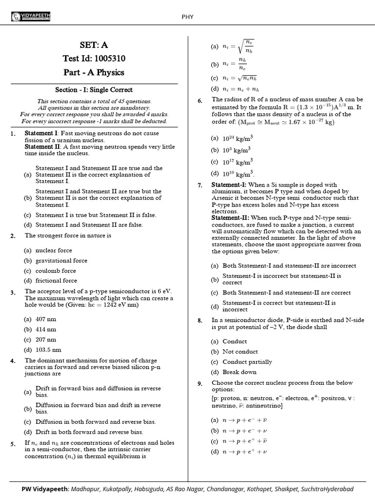 Physics Test Questions Set A | PDF | P–N Junction | Atomic Nucleus