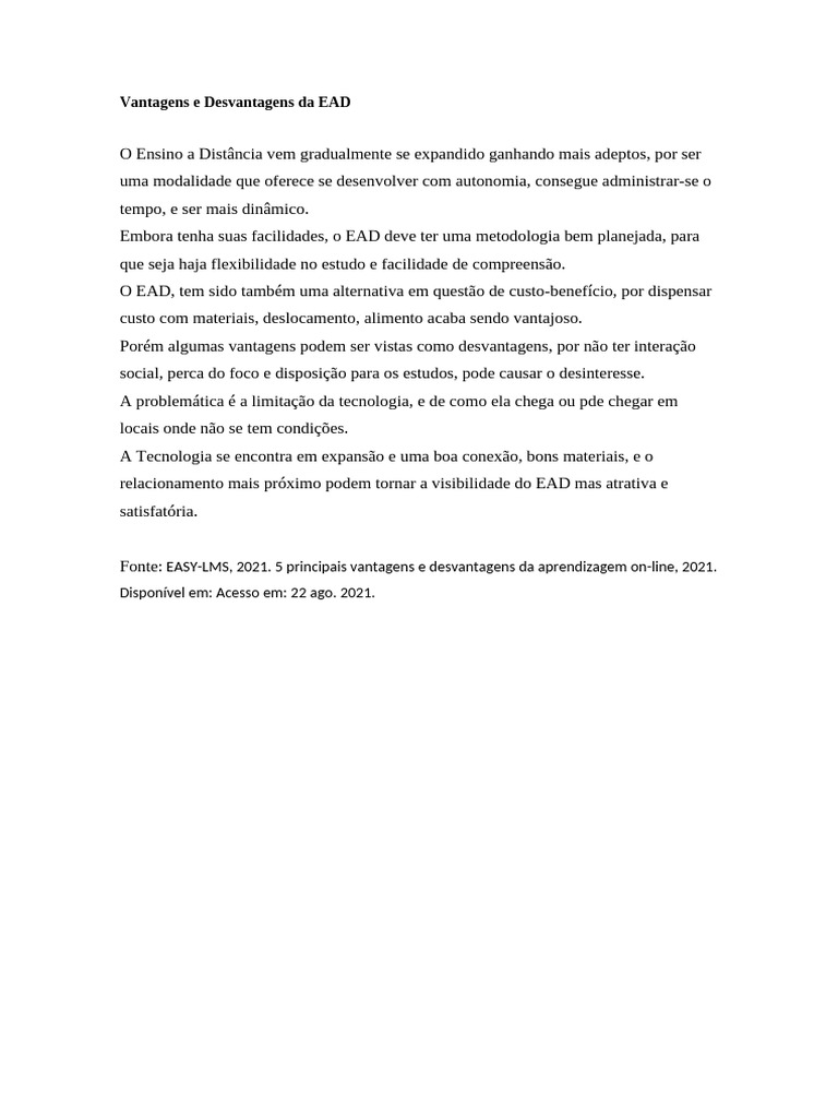 Vantagens e Desvantagens do EAD | PDF
