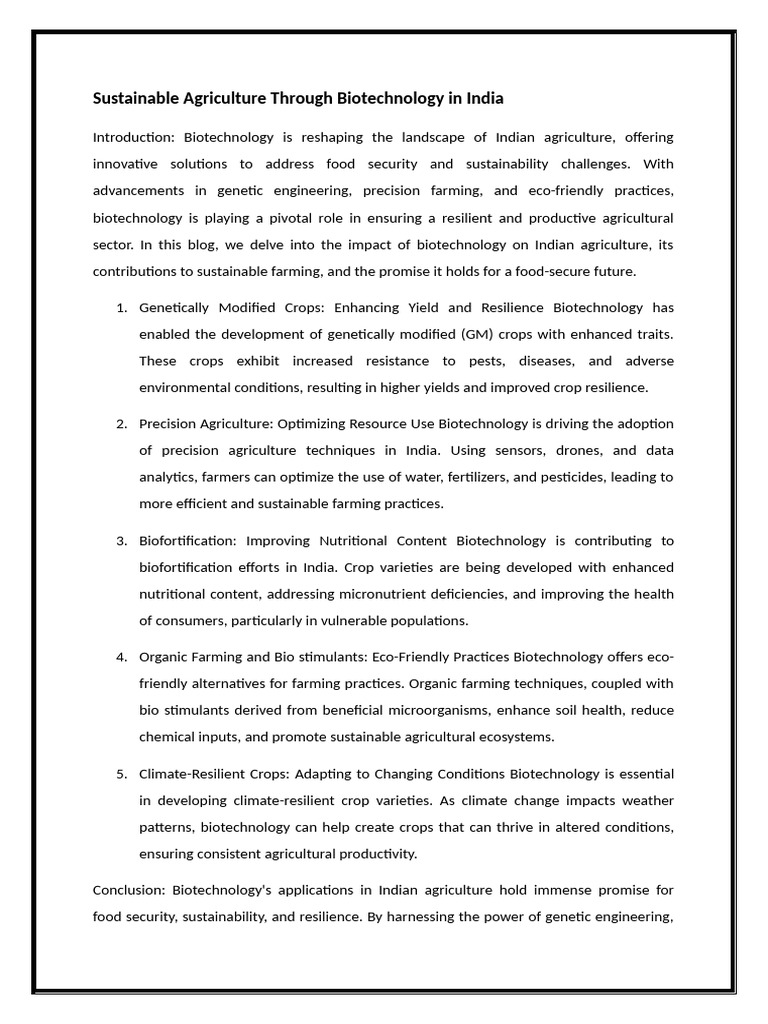 Sustainable Agriculture Through Biotechnology in India | PDF ...
