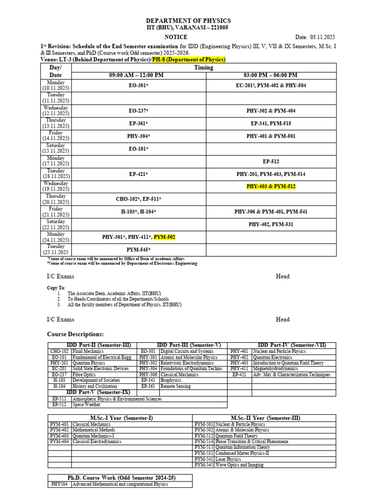 IIT BHU End Semester Exam Schedule 2025 | PDF | Physics | Mechanics