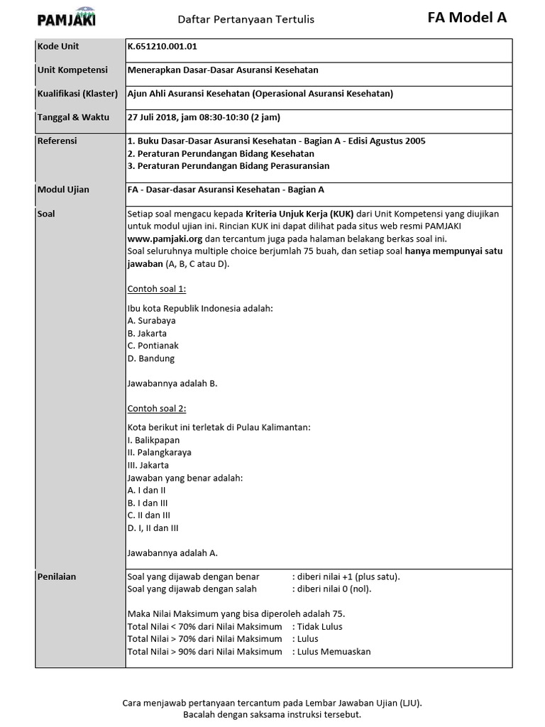 Pertanyaan Ujian Asuransi Kesehatan FA Model A | PDF