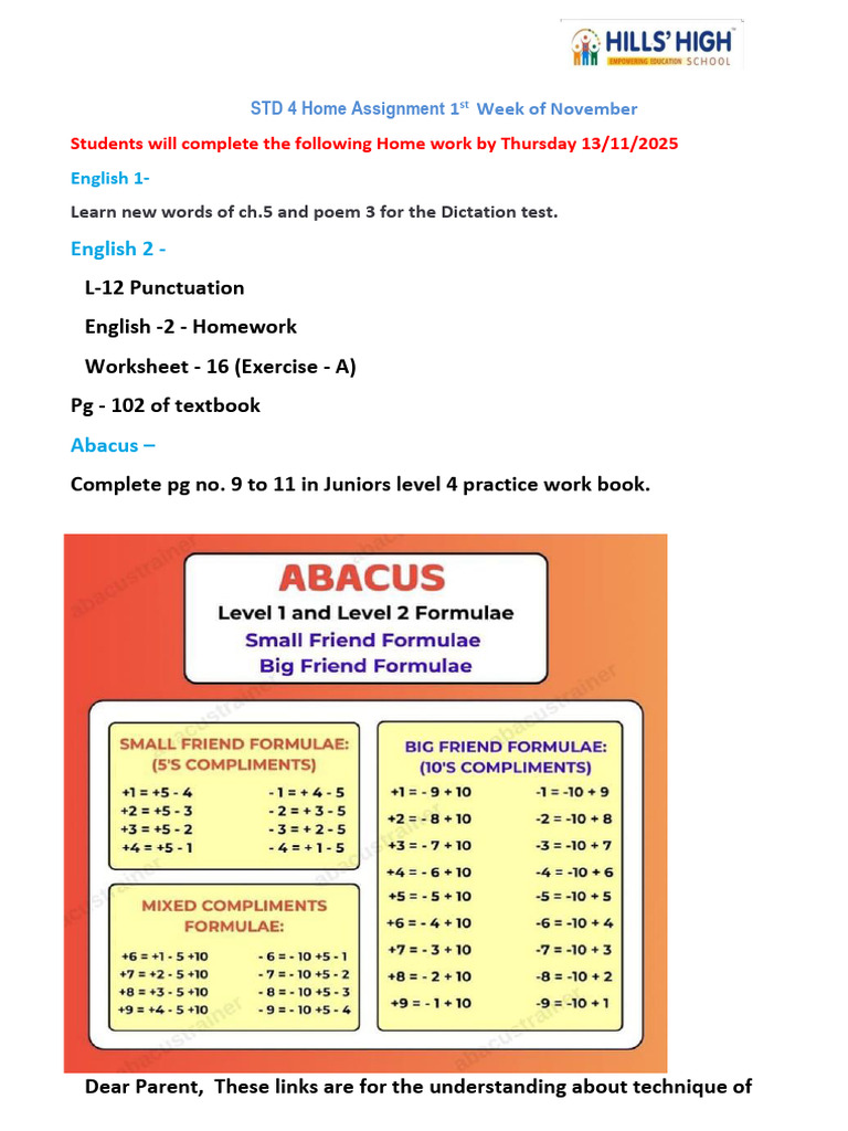 STD 4 November Homework Assignments | PDF