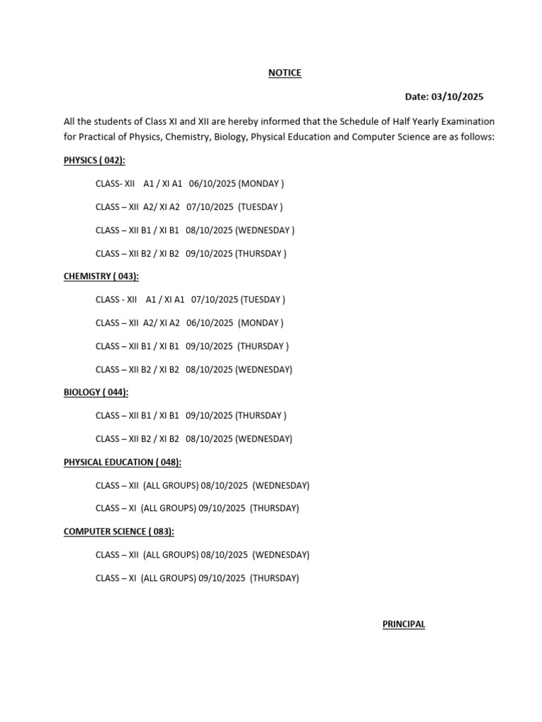Class XI & XII Half Yearly Exam Schedule | PDF