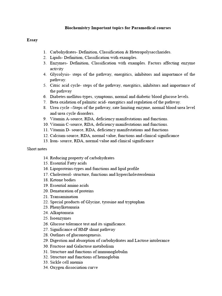 I Sem Imp Topics Paramedical Course Biochemistry | PDF | Metabolic ...