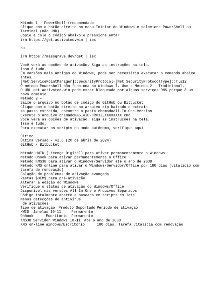 Ativação do Windows e Office via PowerShell | PDF