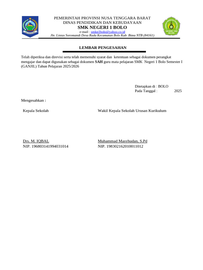 Dokumen Pengesahan Kurikulum SMK Bolo | PDF