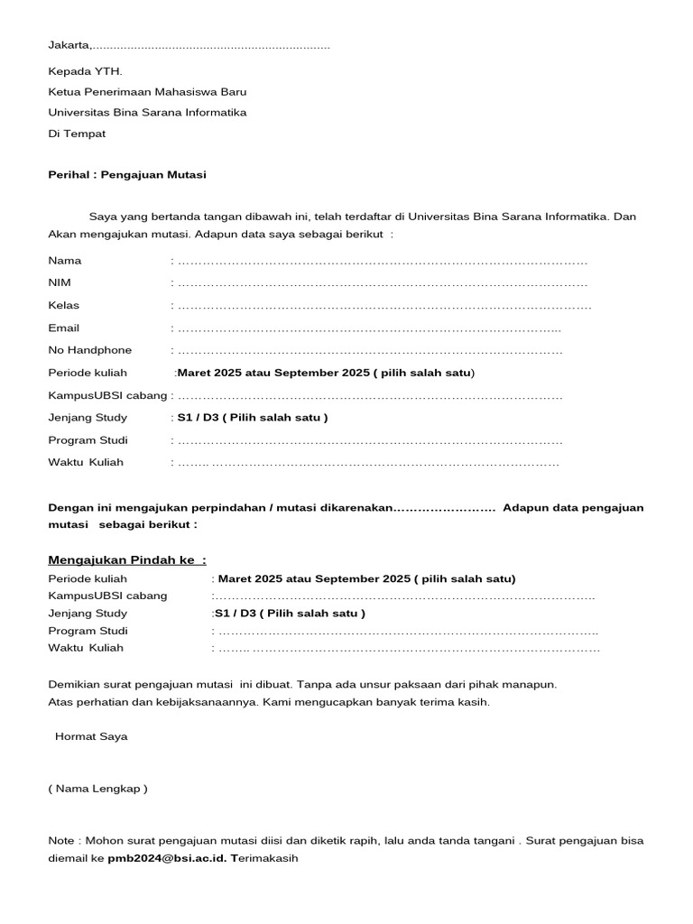 Format Mutasi PMB Ubsi 2025 | PDF