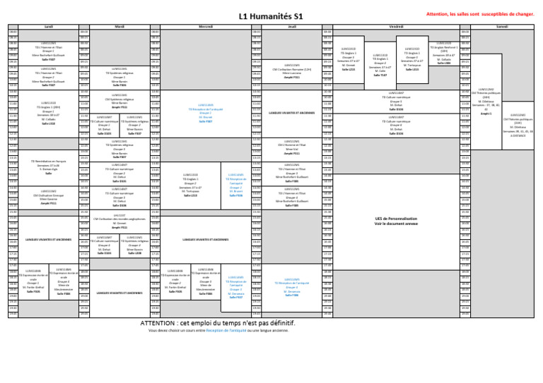 Emploi du temps L1 Humanités S1 | PDF