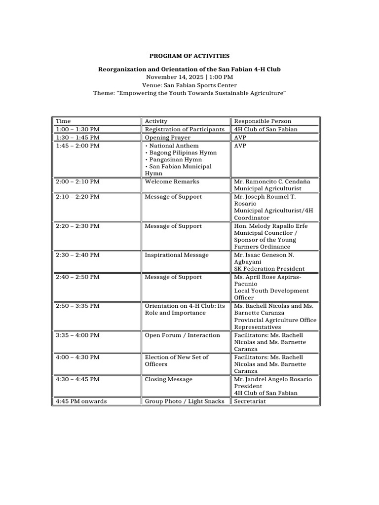 Program of Activities San Fabian 4H Club-1 | PDF