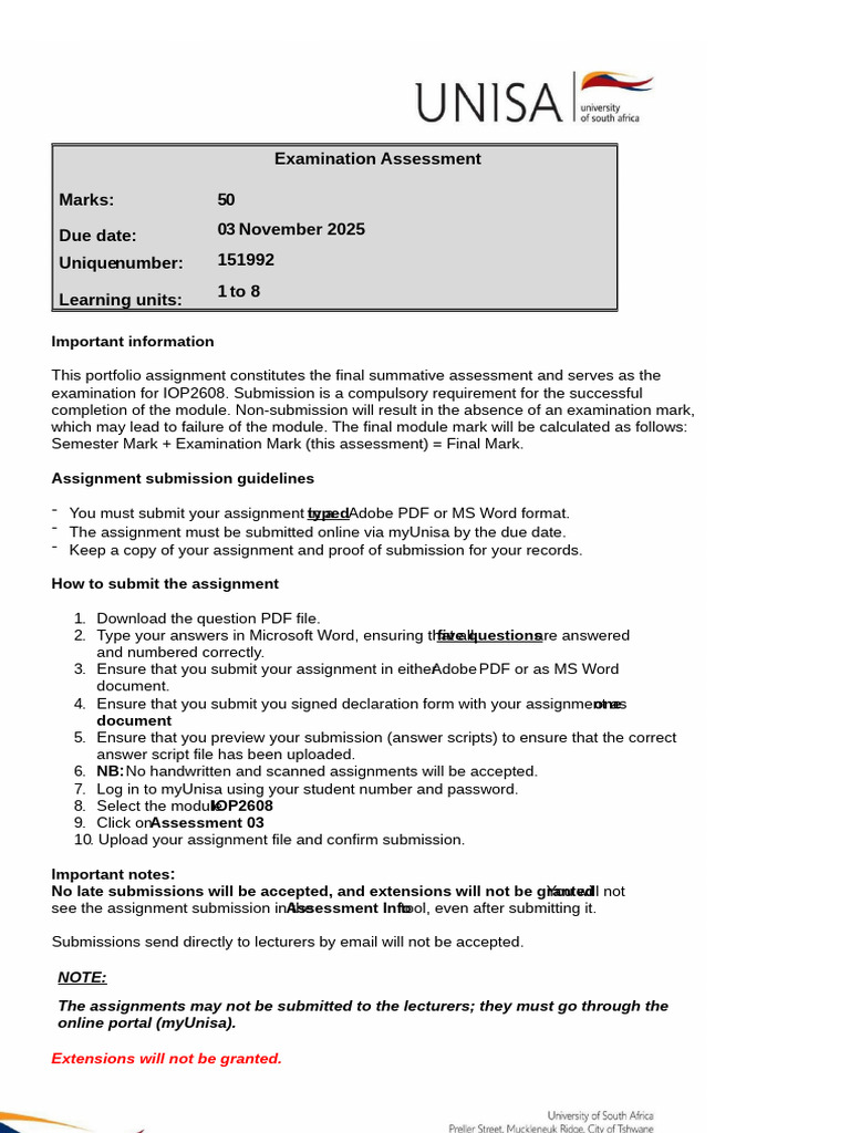 Assignment Submission Guidelines for IOP2608 | PDF | Psychological ...