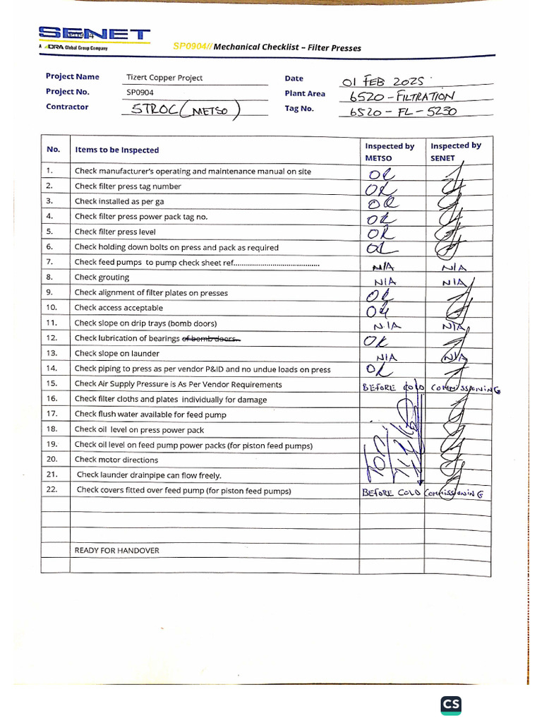 Filter Presss - Senet Mechanical Checklist | PDF