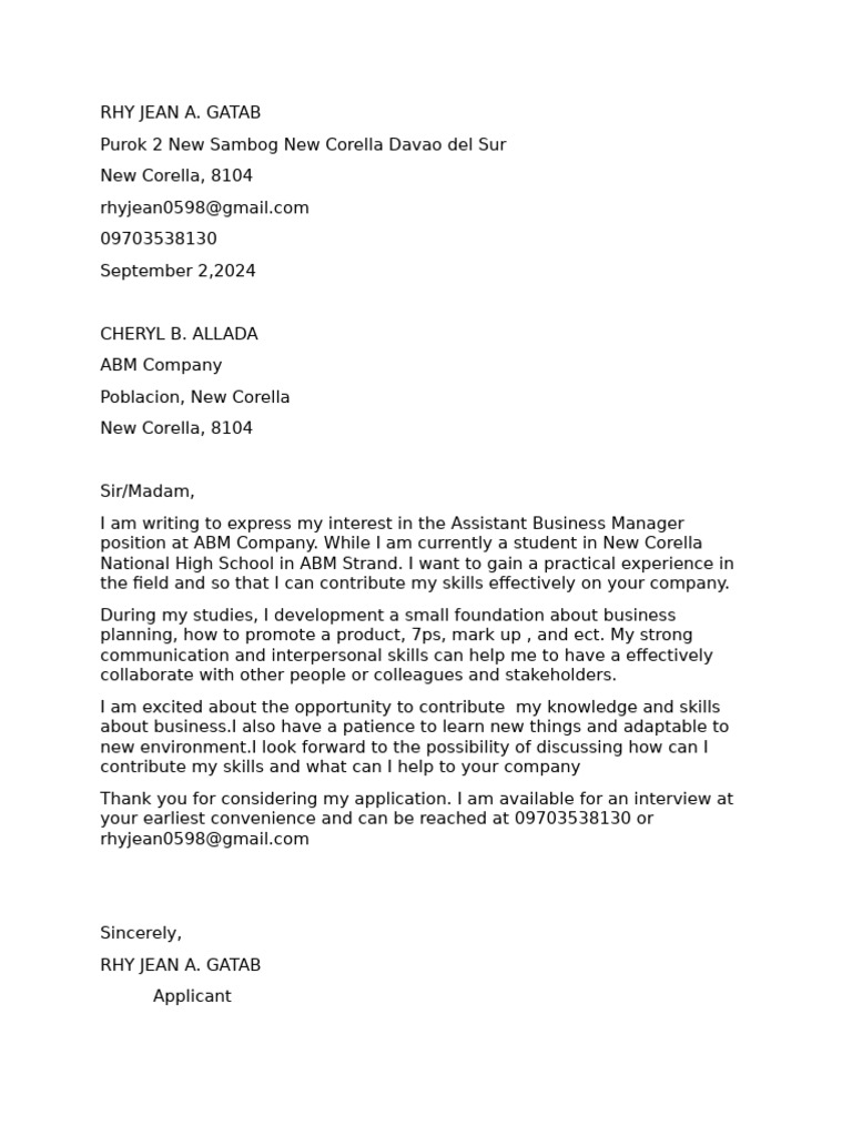Application Letter - Rhy Jean Gatab | PDF