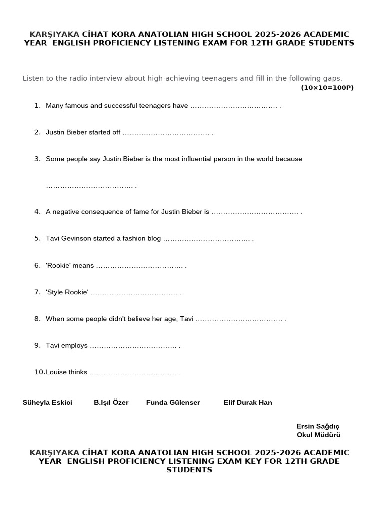 12th Grade English Listening Exam 2025-2026 | PDF