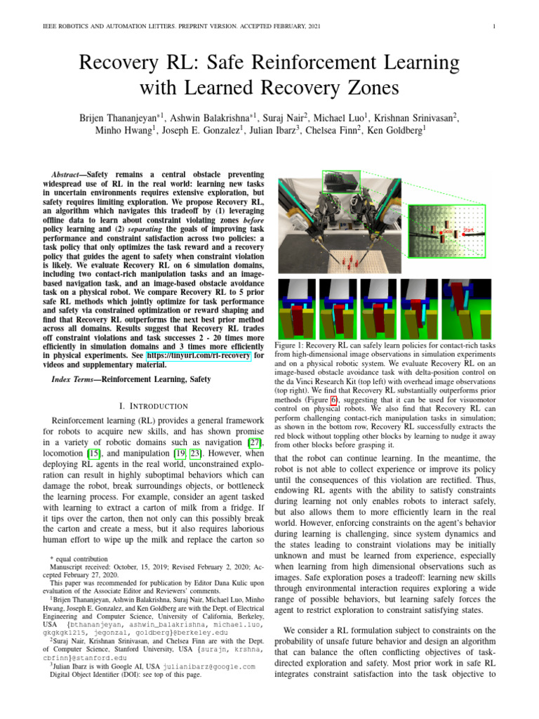 Recovery RL: Safe Reinforcement Learning | PDF | Applied Mathematics