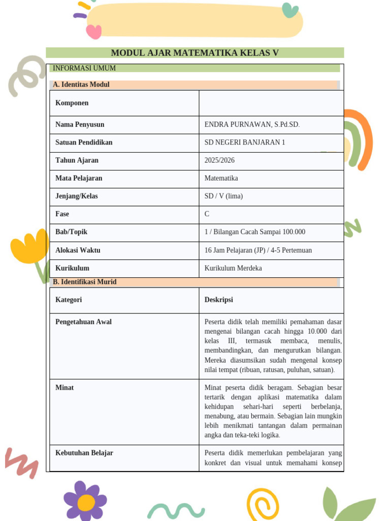 Modul Ajar Matematika Kelas V: Bilangan Cacah | PDF