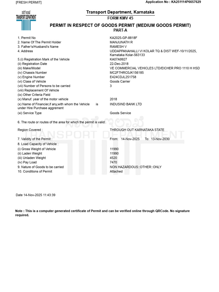 Transport Department, Karnataka Permit in Respect of Goods Permit ...