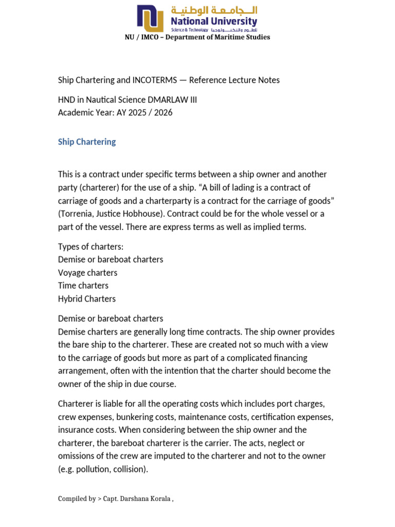 Ship Chartering and INCOTERMS | PDF | Shipping | Freight Transport