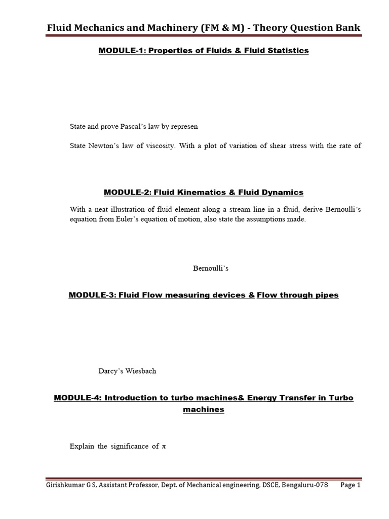 Fluid Mechanics Theory Question Bank | PDF | Turbine | Fluid Mechanics