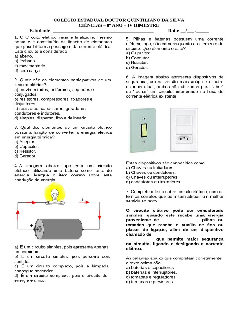 Questões sobre Circuitos Elétricos 8º Ano | PDF | Rede elétrica ...
