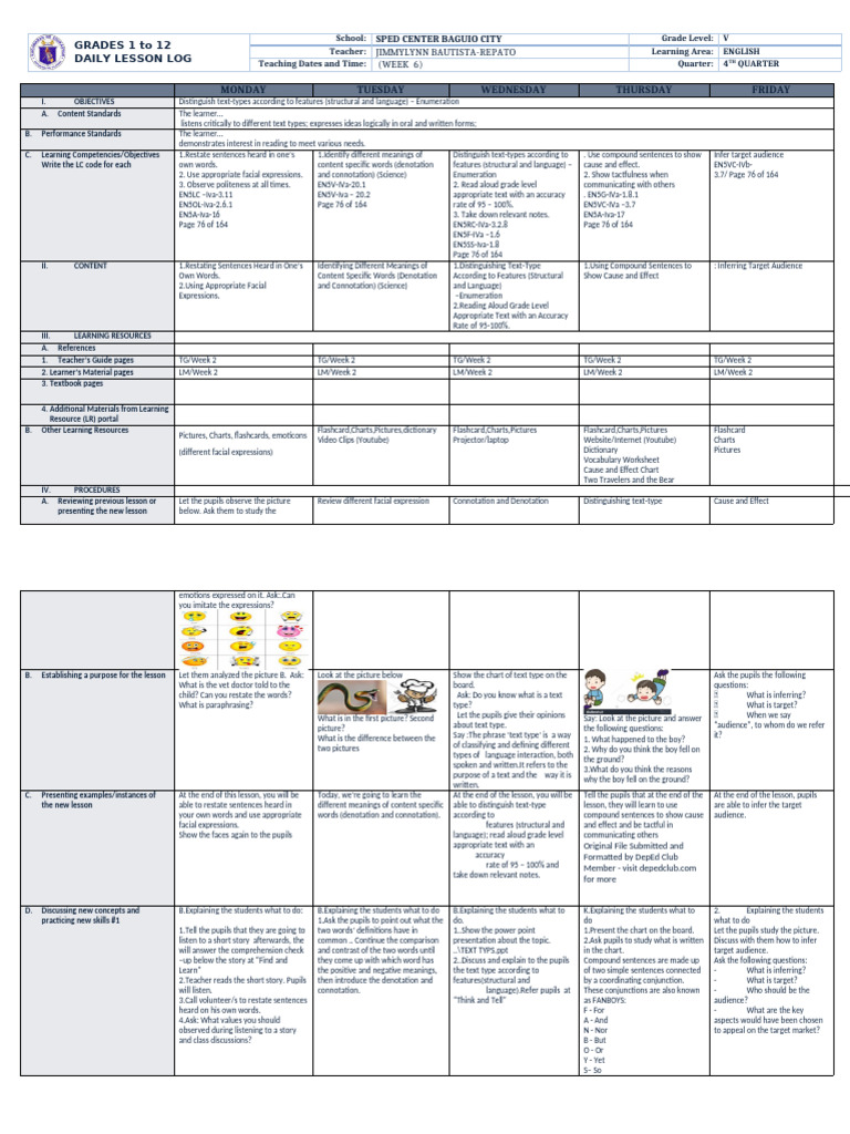 Grade 5 English Daily Lesson Plan | PDF | Reading Comprehension ...