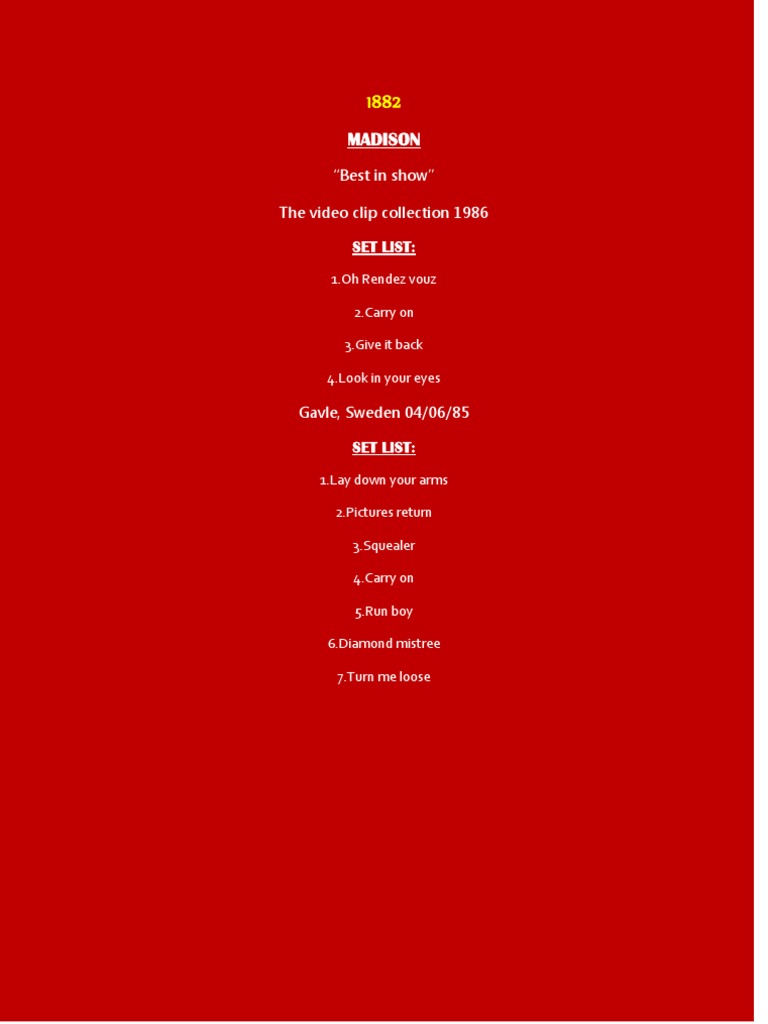 Madison "Best in Show" The Video Clip Collection 1986 Set List PDF