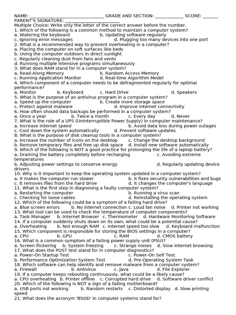 Quiz 1 Maintaining The Computer System | PDF | Computer Data Storage ...