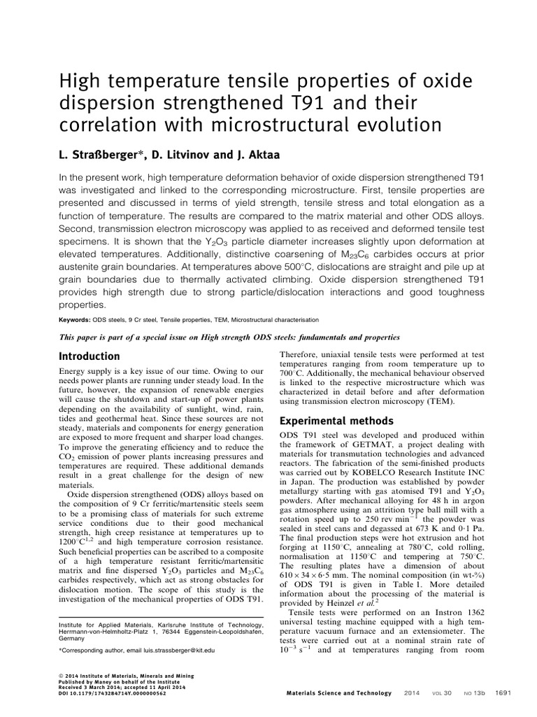 High-Temperature Tensile Properties of ODS T91 | PDF | Dislocation ...