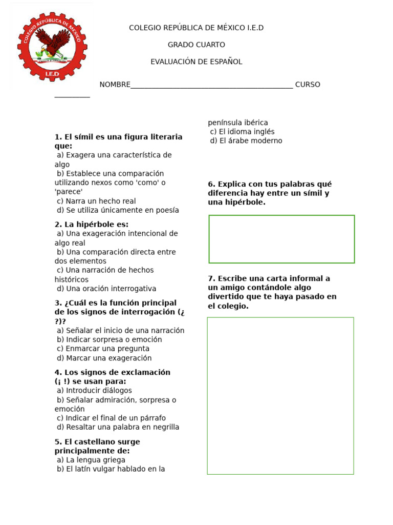 Evaluación de Español para Cuarto Grado | PDF | Lengua española | Idiomas