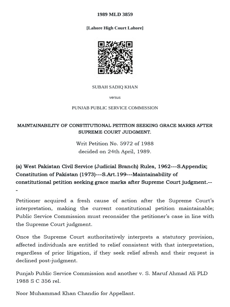 PLD 1988 S C 356-Subah Sadiq Khan Vs Punjab Public | PDF | Supreme ...