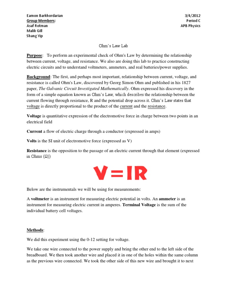 Ohm's Law Lab PDF Electric Current Voltage