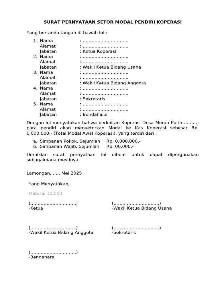 Surat Pernyataan Setor Modal Koperasi | PDF