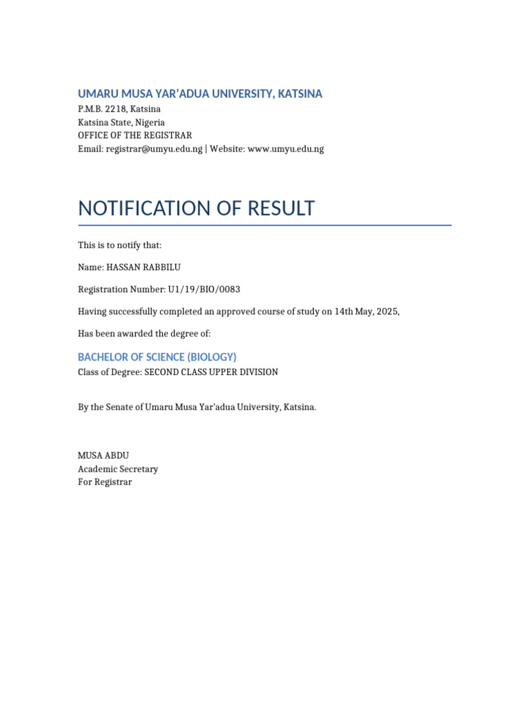 Notification of Result Hassan Rabbilu | PDF